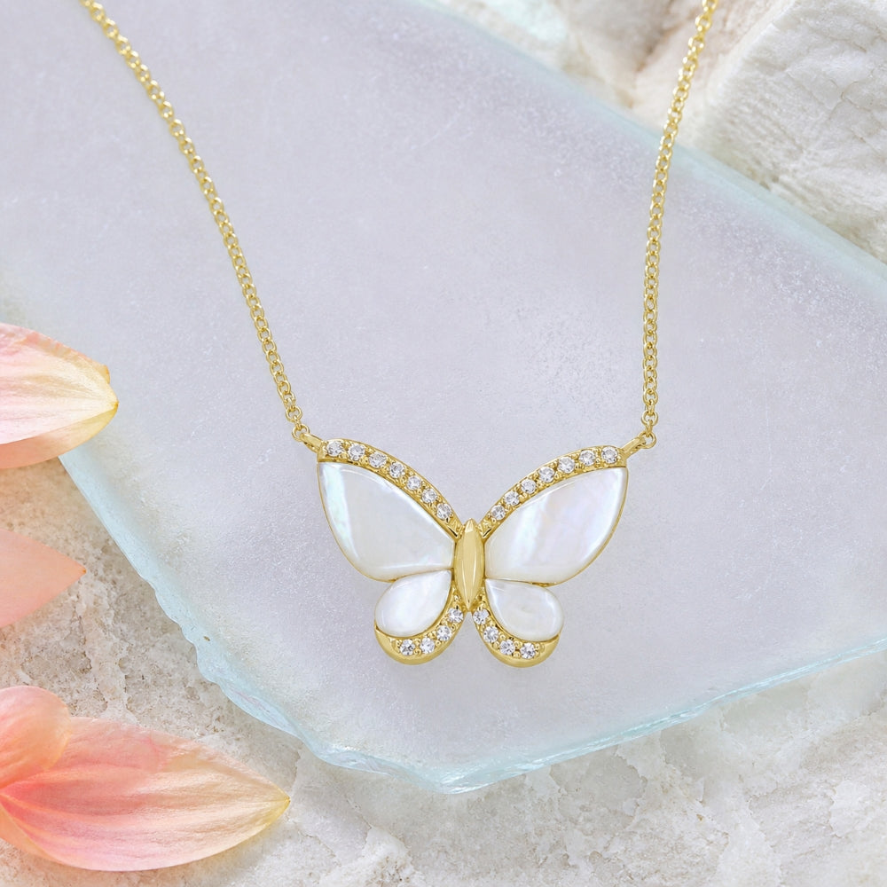 N1703 - 14K Yellow Gold Mother of Pearl Butterfly Necklace