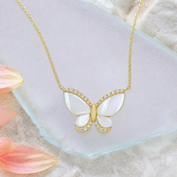 N1703 - 14K Yellow Gold Mother of Pearl Butterfly Necklace