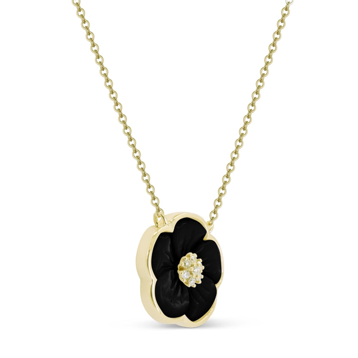 N1719 - 14K Yellow Gold Black Onyx, Mother of Pearl & Turquoise Flower Necklace
