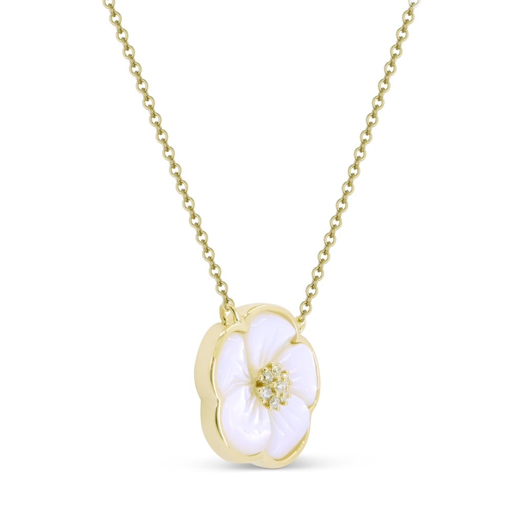 N1719 - 14K Yellow Gold Black Onyx, Mother of Pearl & Turquoise Flower Necklace
