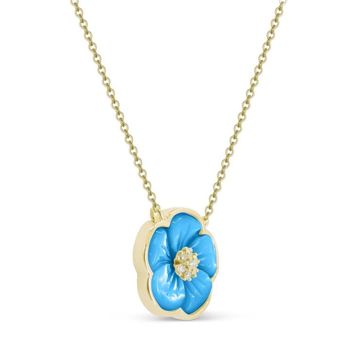 N1719 - 14K Yellow Gold Black Onyx, Mother of Pearl & Turquoise Flower Necklace