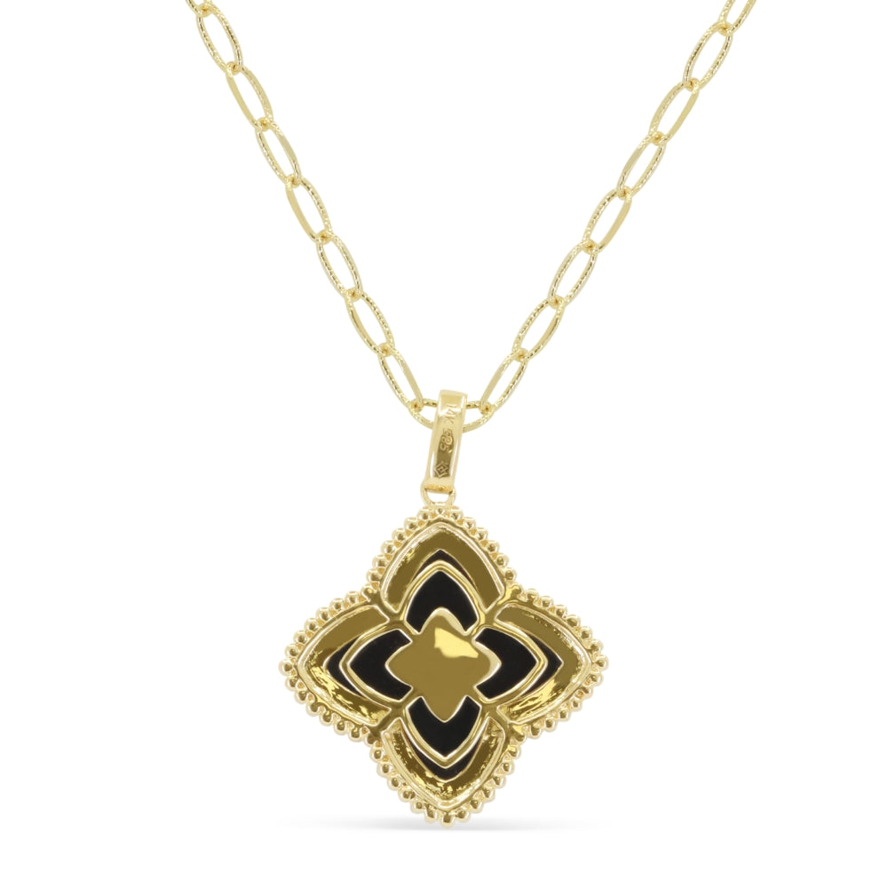 N1785 - 14K Yellow Gold Black Onyx, Mother of Pearl & Turquoise Flower Pendant