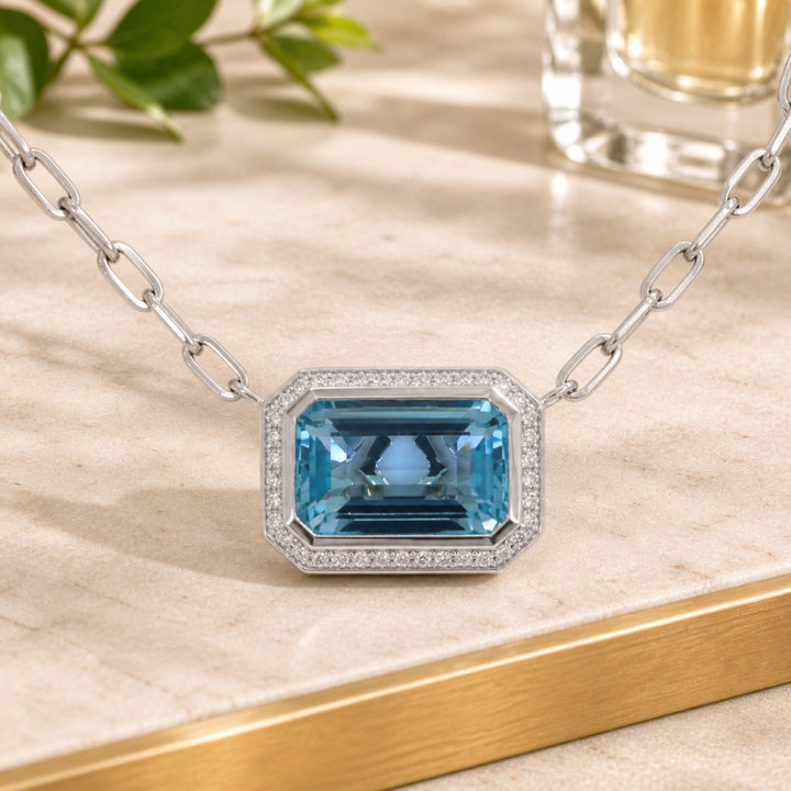 N1814 - 14K White Gold Blue Topaz Rectangle Necklace