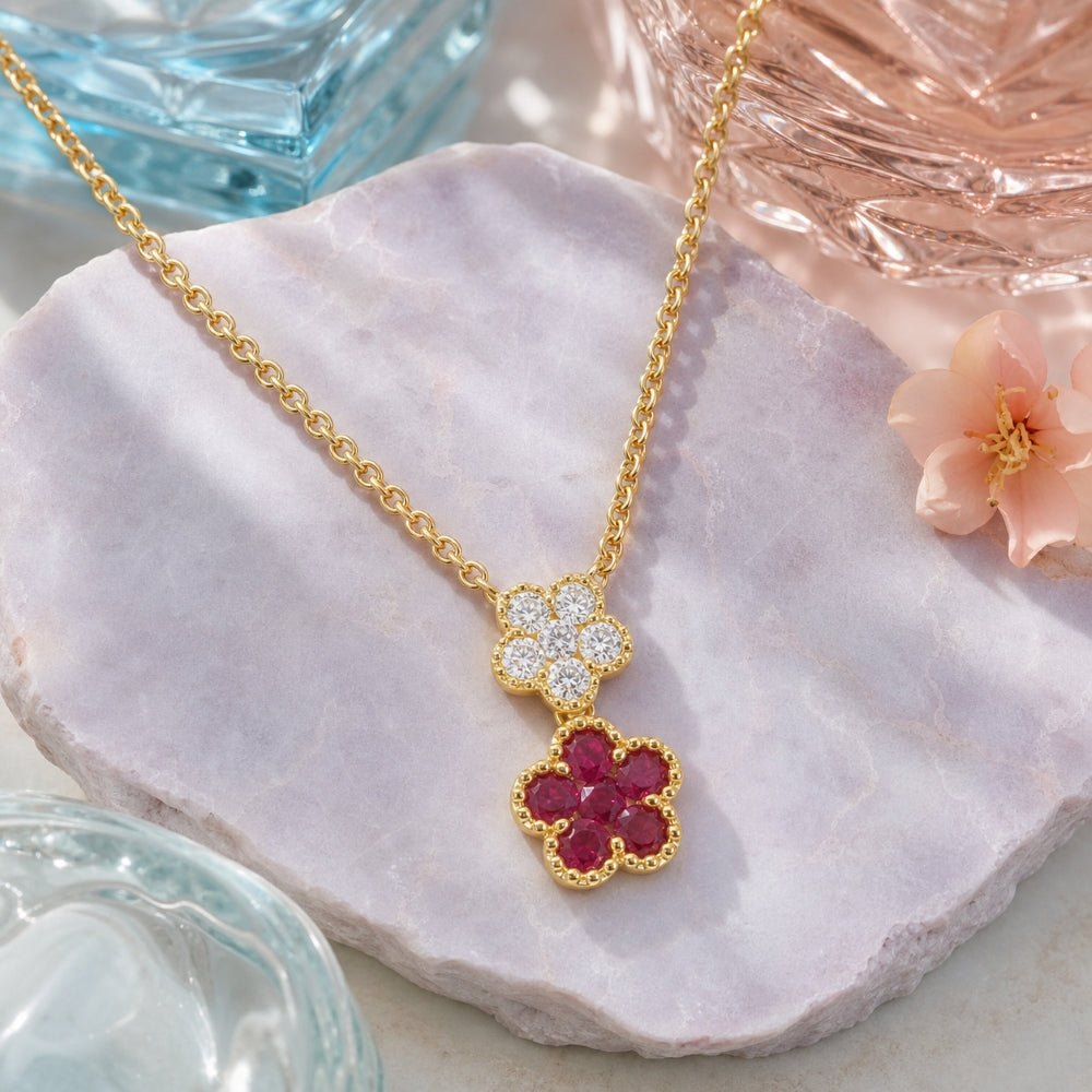 N1867 - 18K Yellow Gold Ruby Flower Pendant
