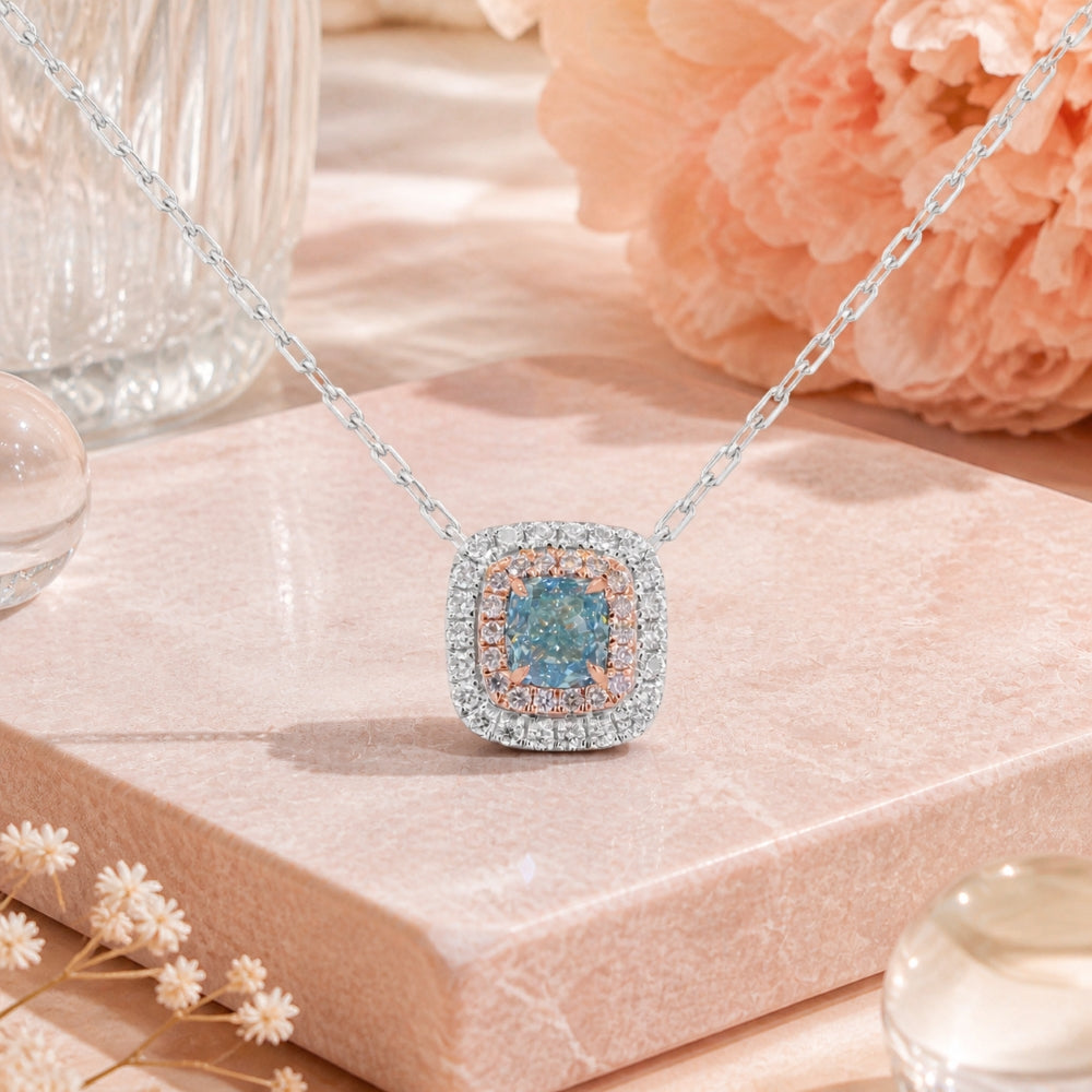 N1908 - 14K White Gold Fancy Color Diamond Cushion Necklace