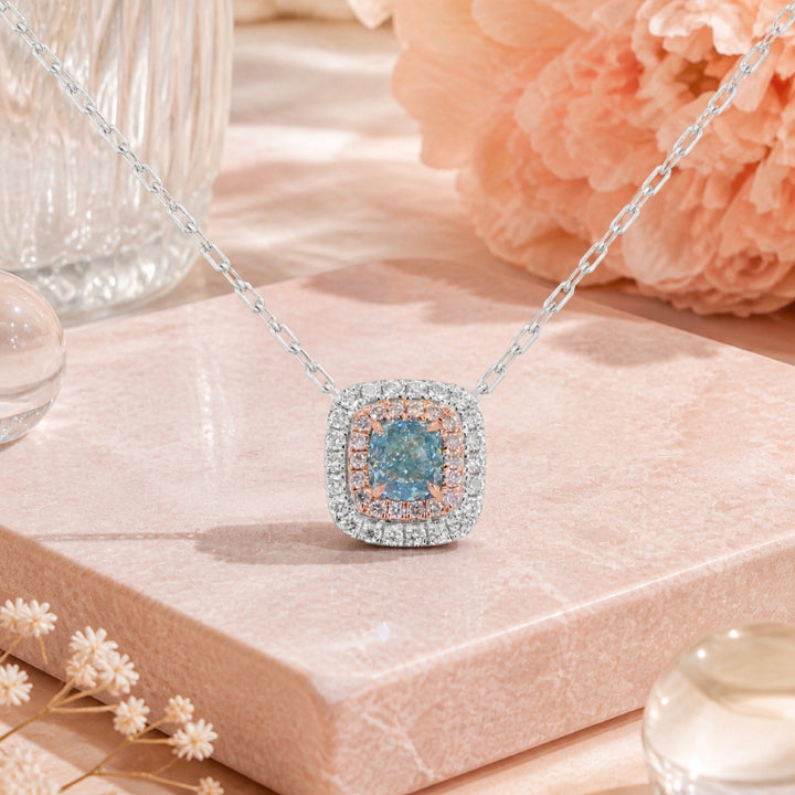 N1908 - 14K White Gold Fancy Color Diamond Cushion Necklace