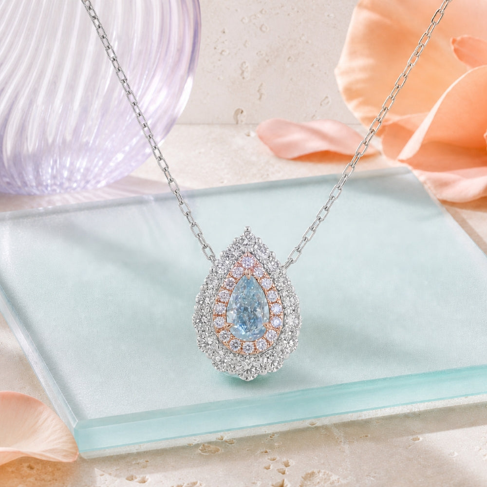 N1913 - 14K White Gold Fancy Color Diamond Pear Necklace