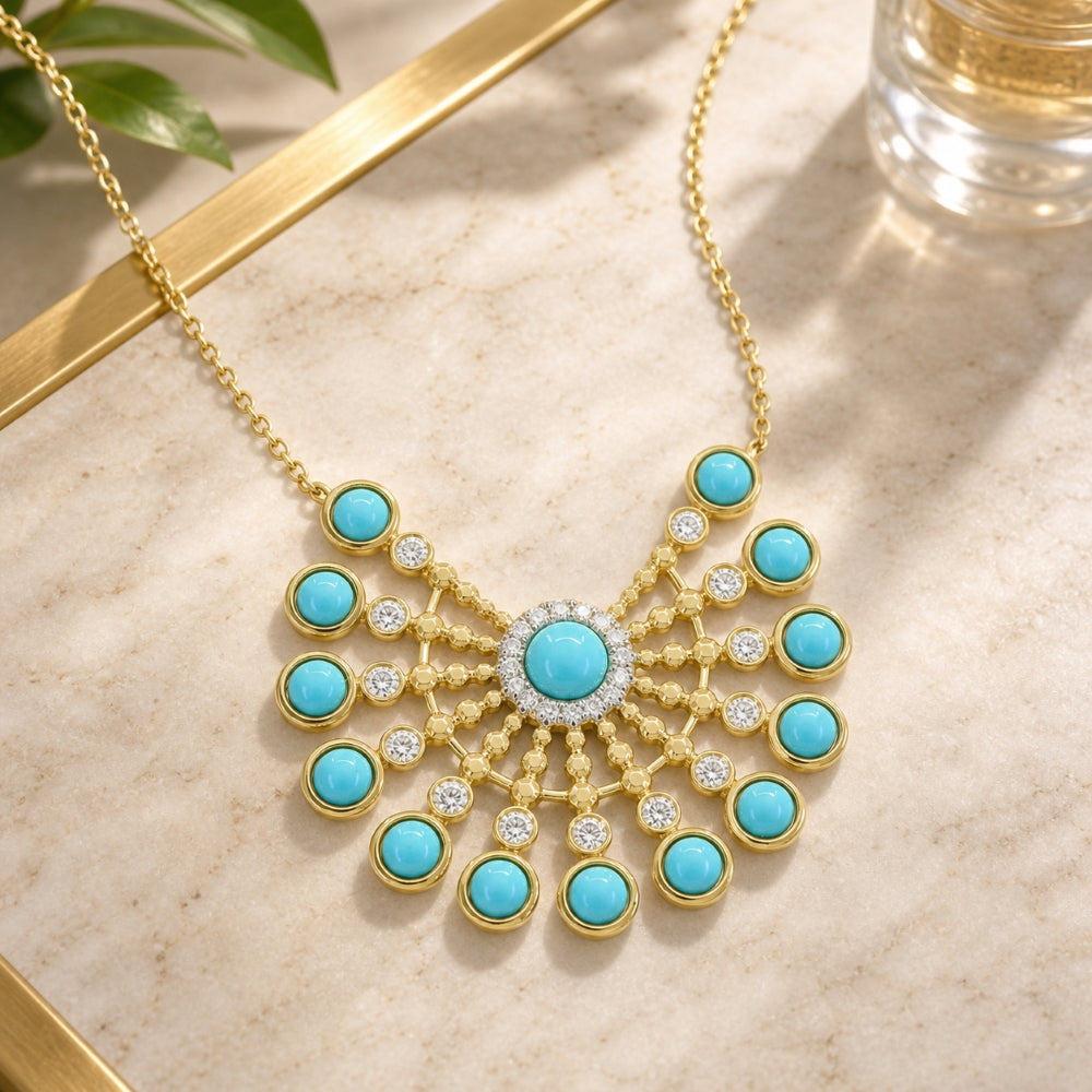 N1936 - 14K Yellow Gold Pearl & Turquoise Necklace