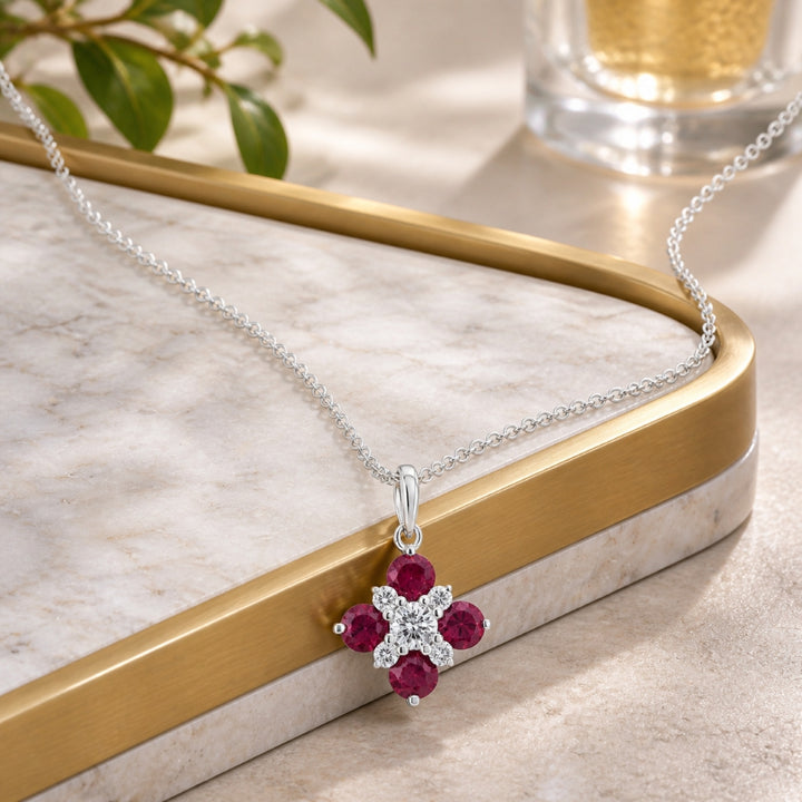 N1944 - 14K Gold Emerald, Ruby & Sapphire Flower Pendant