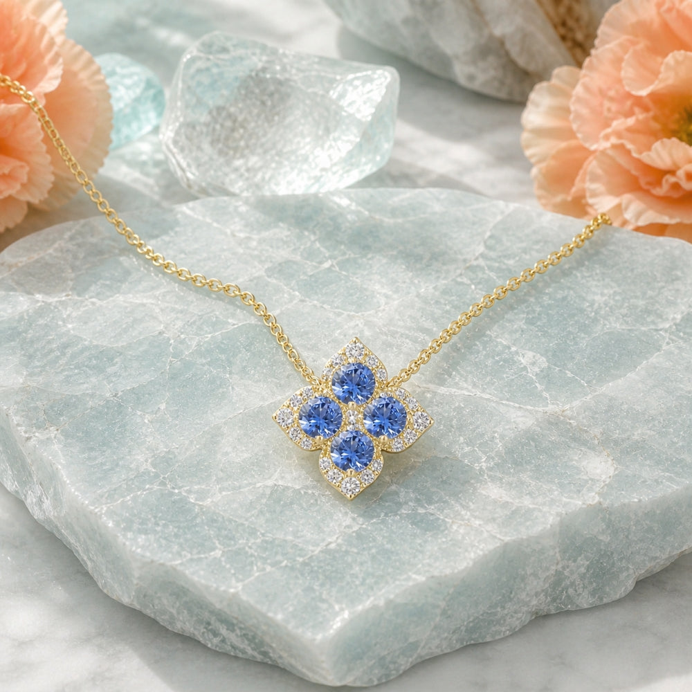 N1968 - 14K Yellow Gold Multi Colored Sapphire & Sapphire Flower Necklace