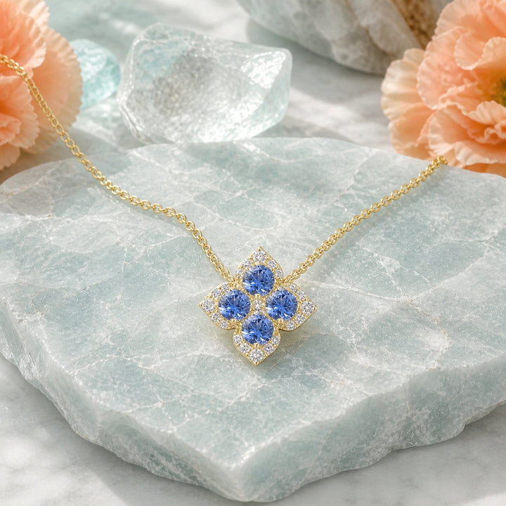 N1968 - 14K Yellow Gold Multi Colored Sapphire & Sapphire Flower Necklace
