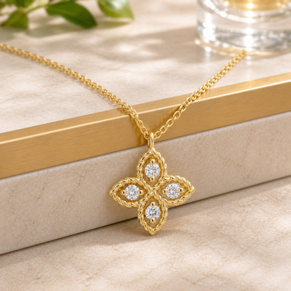 N1969 - 14K Gold Diamond Flower Necklace