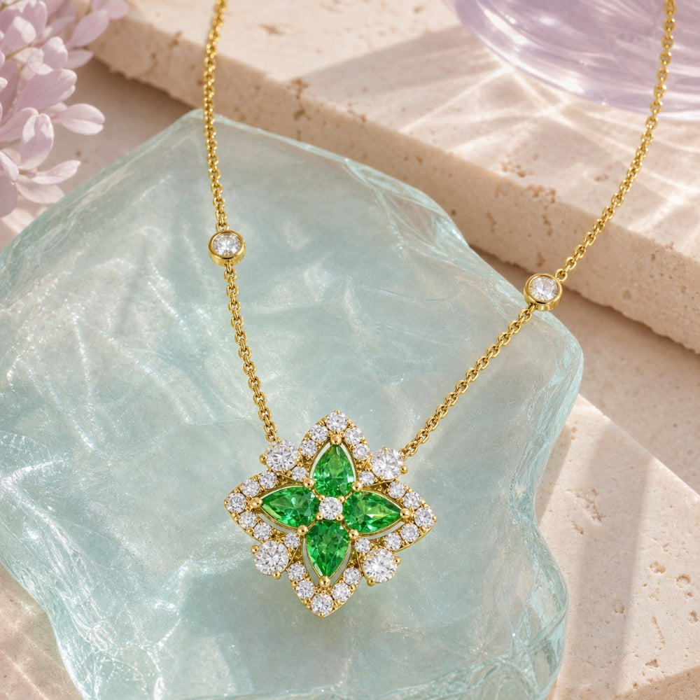 N1975 - 14K Yellow Gold Tsavorite, Pink Sapphire & Sapphire Flower Necklace