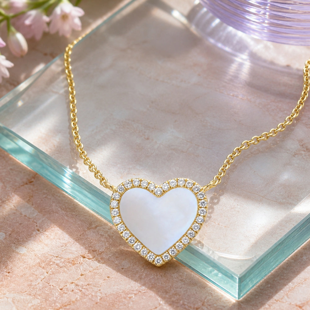 N1977 - 14K Yellow Gold Black Onyx, Mother of Pearl & Turquoise Heart Necklace