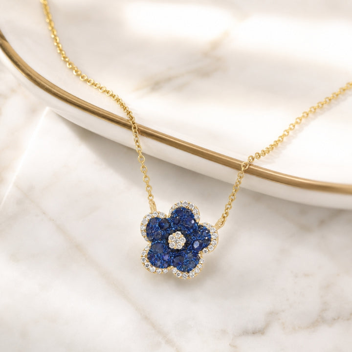 N1978 - 14K Gold Ruby & Sapphire Flower Necklace