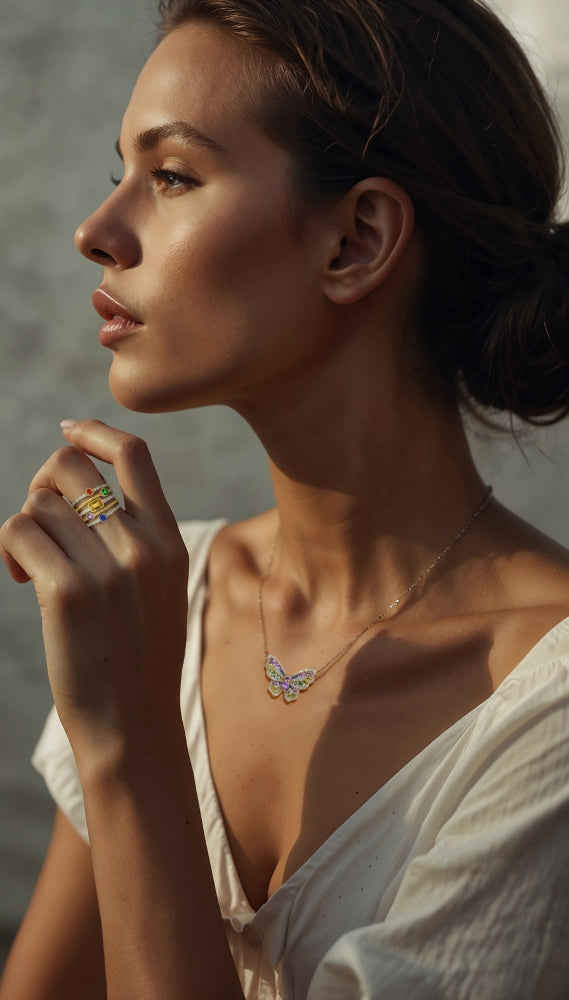 Madison L 14K Yellow Gold Multi Colored Sapphire Butterfly Necklace - style N1995MCSAY