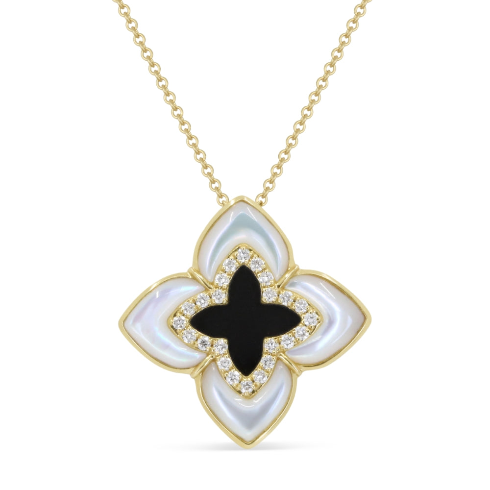 Madison L 14K Yellow Gold Mother of Pearl & Black Onyx Flower Necklace - style N2057MOPBOY