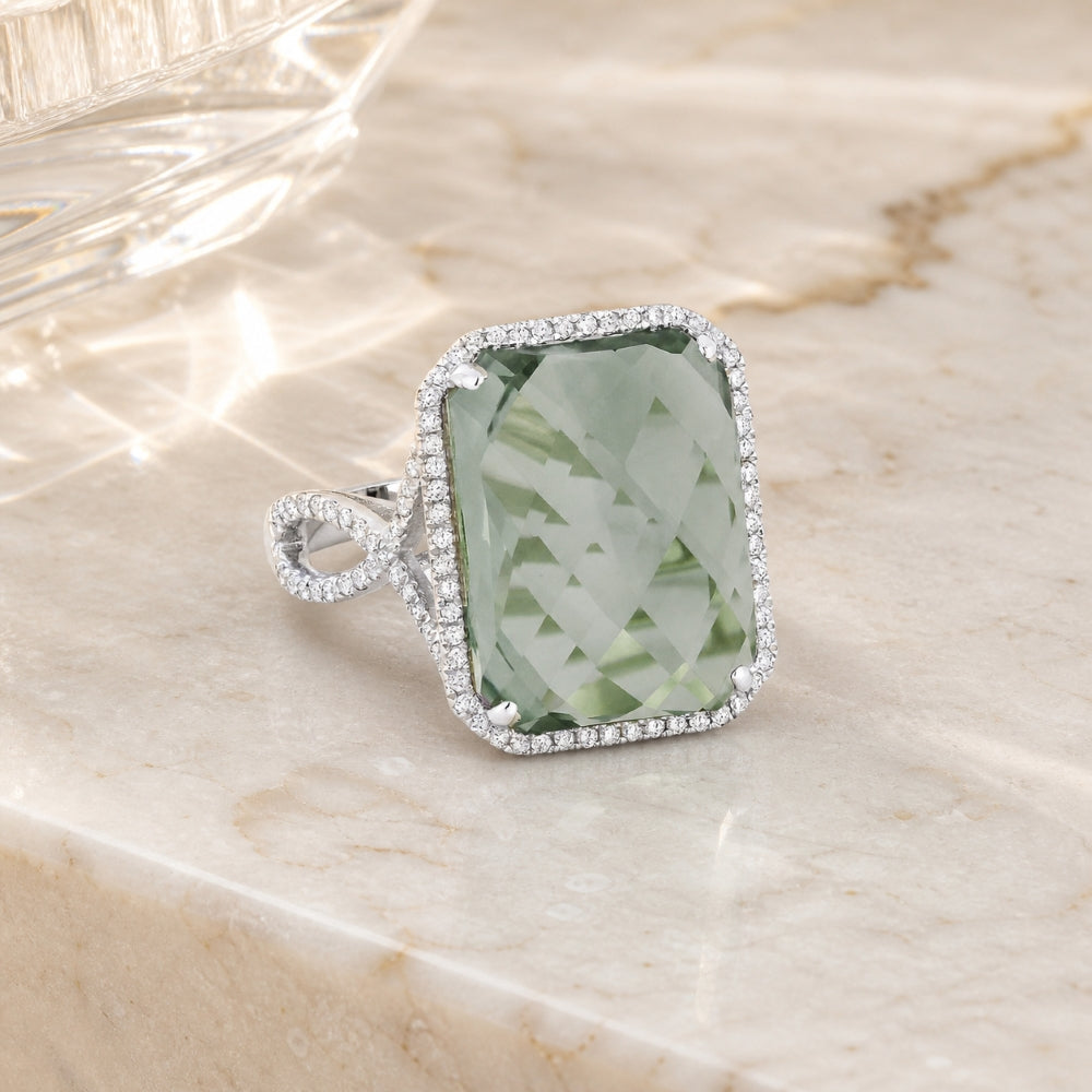 R1062 - 14K White Gold Amethyst & Created Green Spinel Rectangle Ring