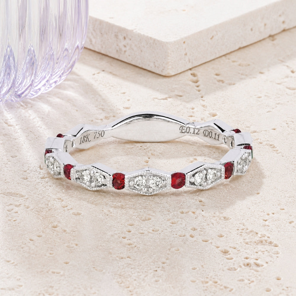 R1109 - 18K White Gold Emerald & Ruby Stackable Ring
