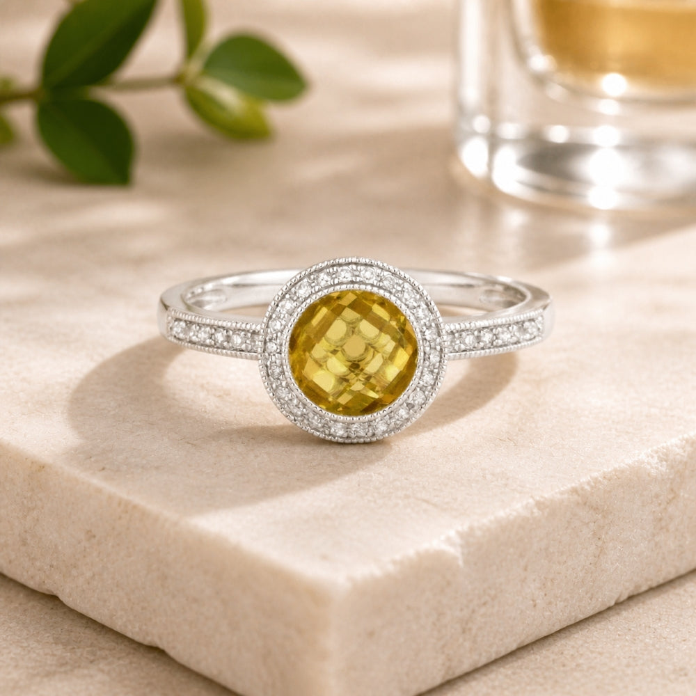 R1122 - 14K White Gold Citrine & Created Pink Sapphire Round Ring