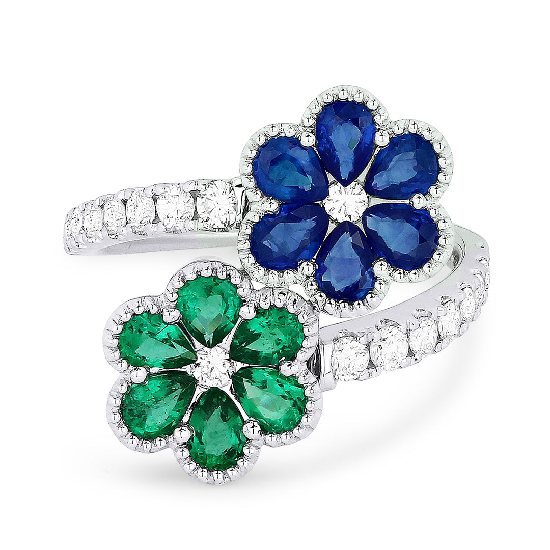 Madison L 18K White Gold Sapphire & Emerald Flower Ring - style R1204SAEMW