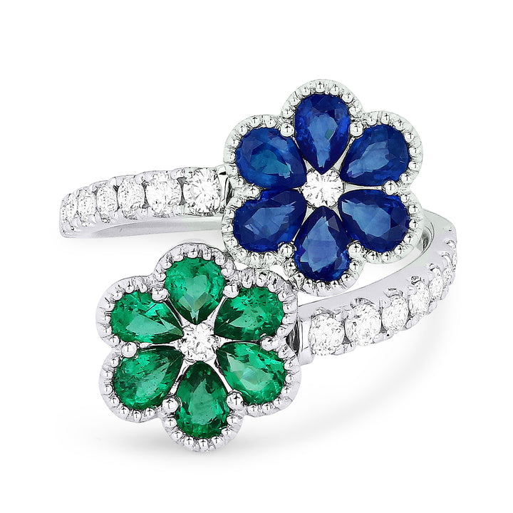 Madison L 18K White Gold Sapphire & Emerald Flower Ring - style R1204SAEMW