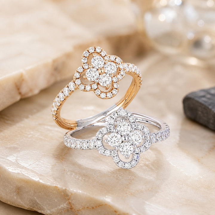 R1232 - 14K Two Tone Gold Diamond Clover Ring