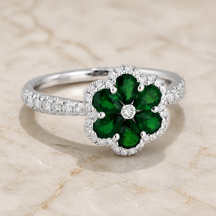 R1280 - 18K White Gold Emerald, Ruby & Sapphire Flower Ring