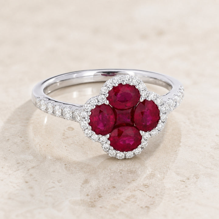 R1350 - 18K White Gold Emerald, Ruby & Sapphire Clover Ring