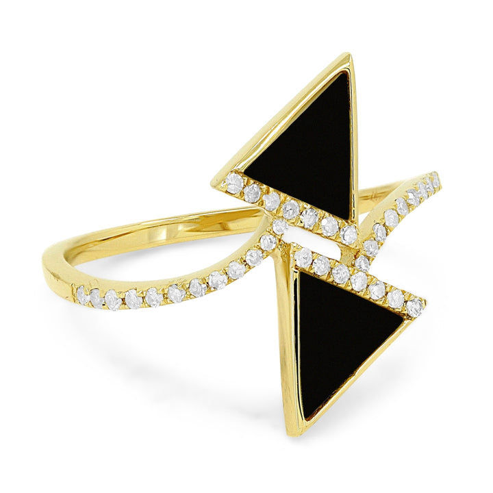 R1526 - 14K Yellow Gold Black Onyx, Mother of Pearl & Turquoise Chevron Ring