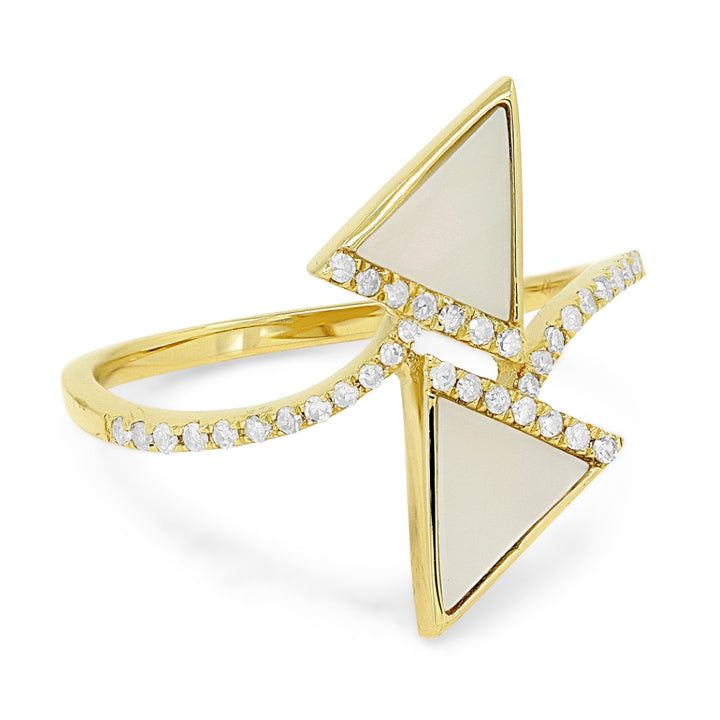 R1526 - 14K Yellow Gold Black Onyx, Mother of Pearl & Turquoise Chevron Ring