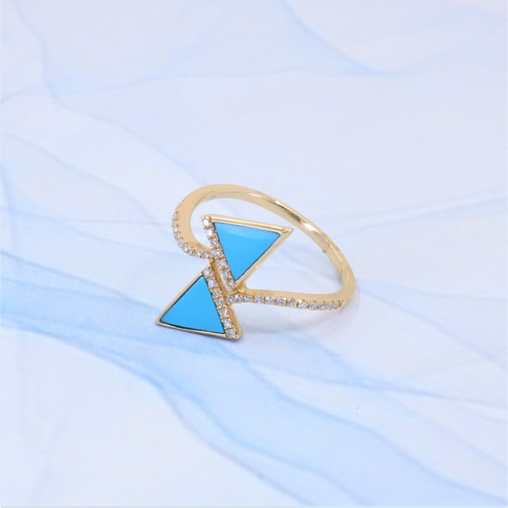 R1526 - 14K Yellow Gold Black Onyx, Mother of Pearl & Turquoise Chevron Ring