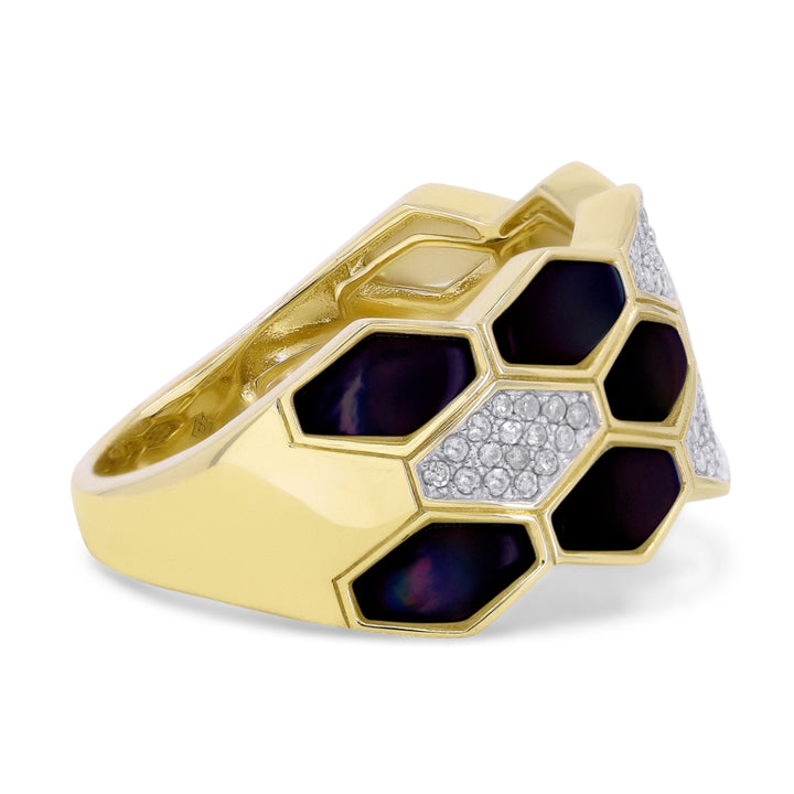 R1603 - 14K Gold Black Onyx, Mother of Pearl & Turquoise Honeycomb Ring