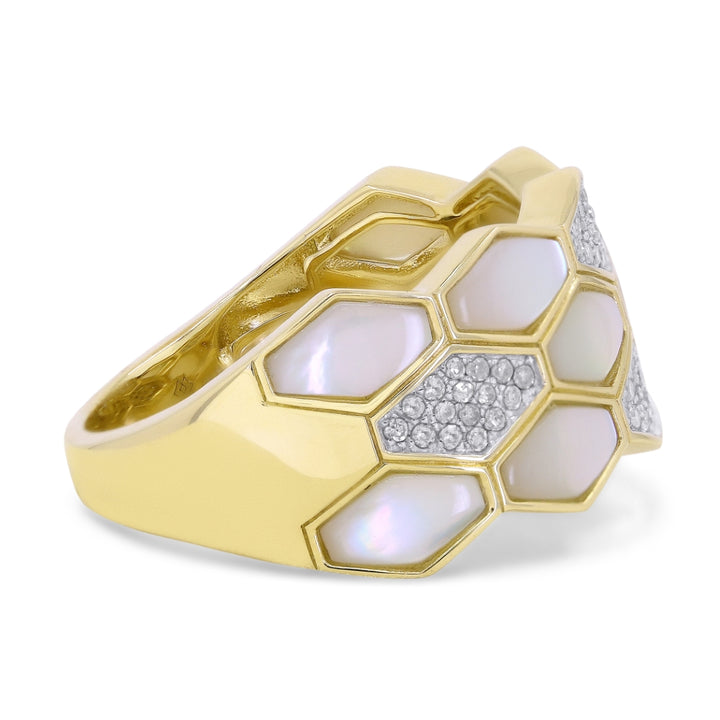 R1603 - 14K Gold Black Onyx, Mother of Pearl & Turquoise Honeycomb Ring