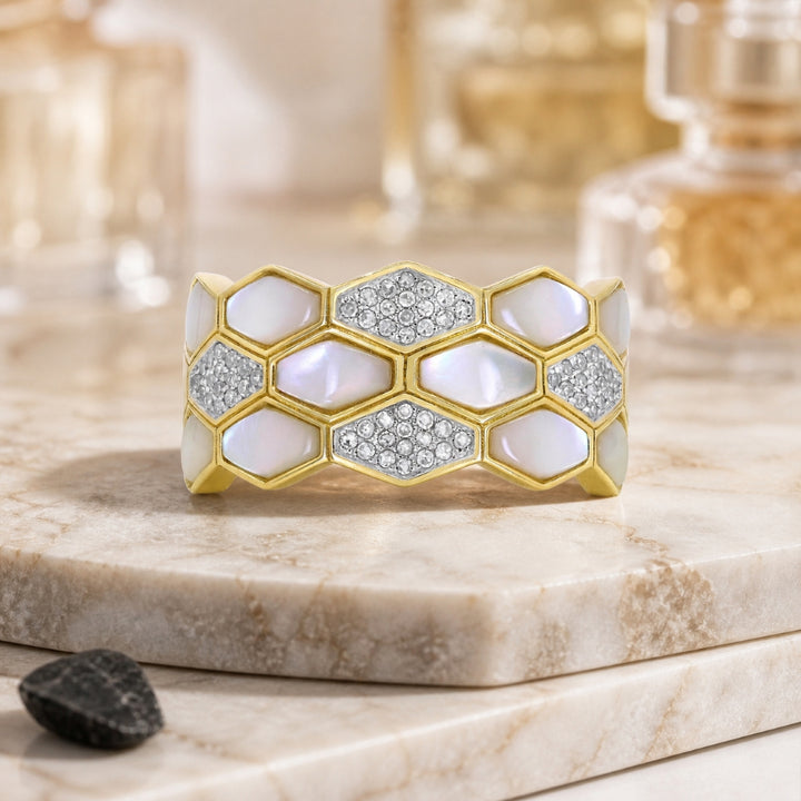 R1603 - 14K Gold Black Onyx, Mother of Pearl & Turquoise Honeycomb Ring