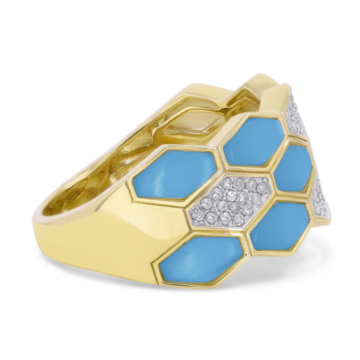 R1603 - 14K Gold Black Onyx, Mother of Pearl & Turquoise Honeycomb Ring
