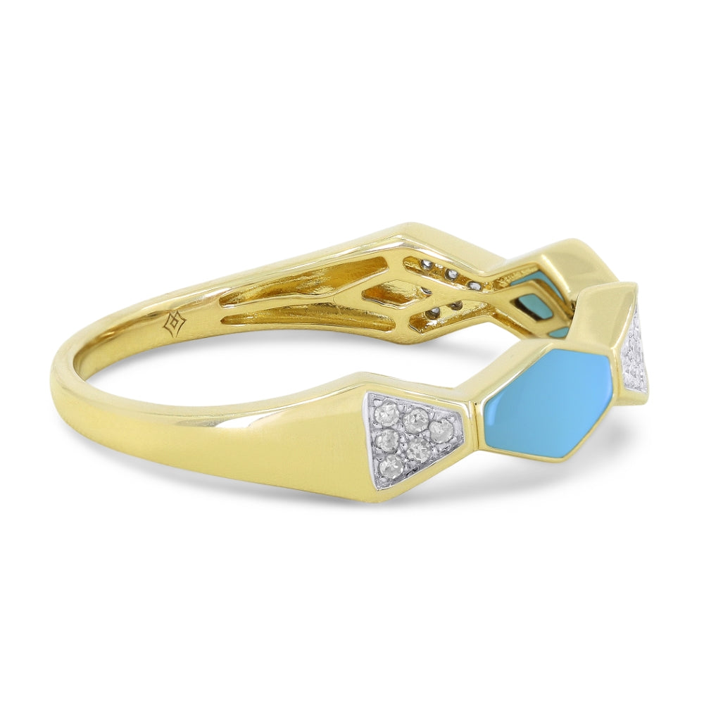 R1605 - 14K Yellow Gold Black Onyx, Mother of Pearl & Turquoise Honeycomb Ring
