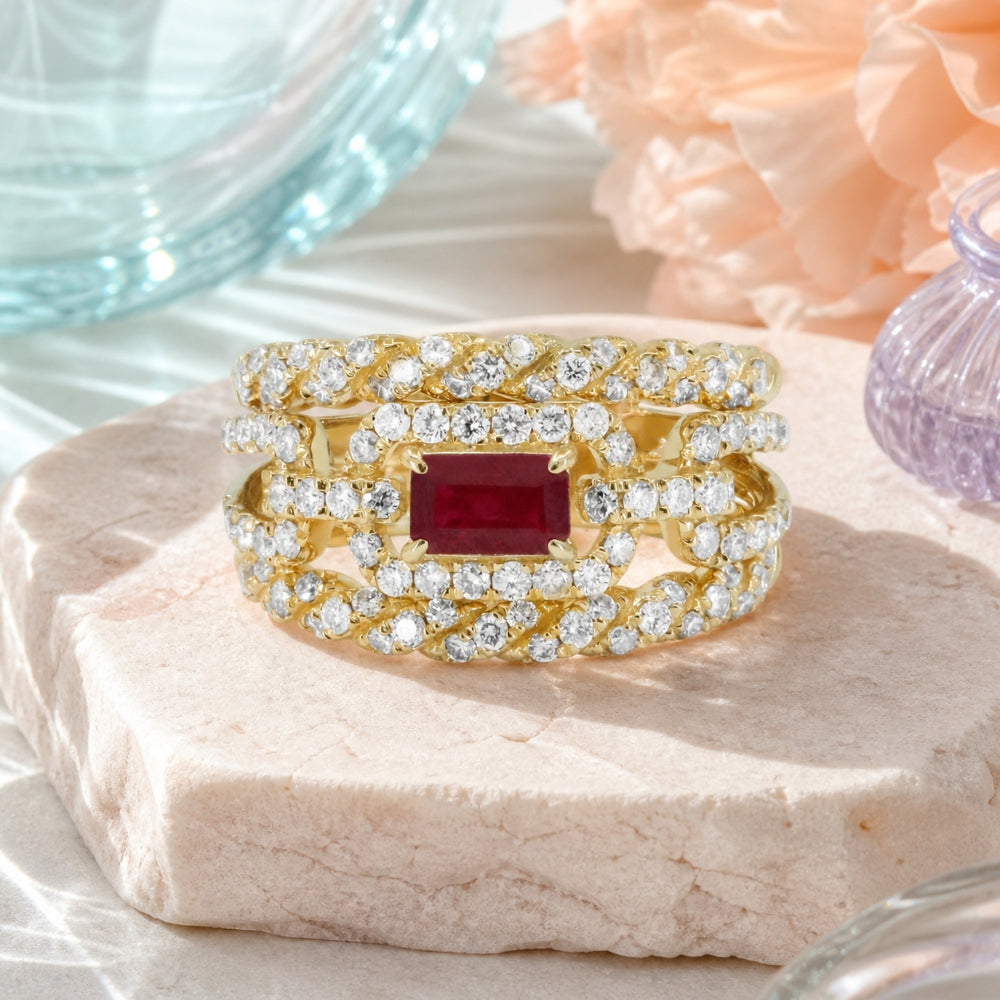 R1747 - 14K Yellow Gold Emerald, Ruby & Sapphire Cocktail Ring