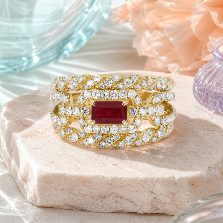 R1747 - 14K Yellow Gold Emerald, Ruby & Sapphire Cocktail Ring