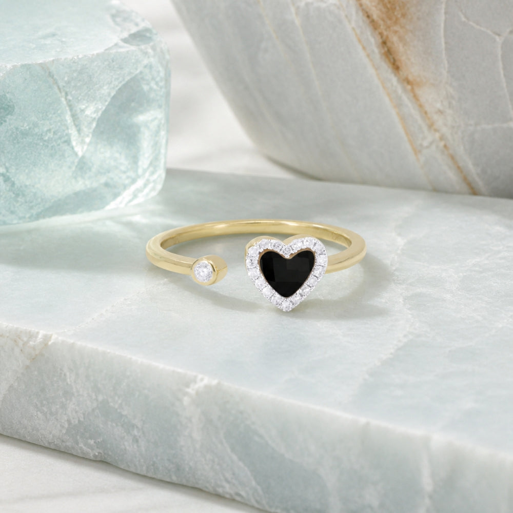 R1811 - 14K Yellow Gold Black Onyx, Mother of Pearl & Turquoise Heart Ring