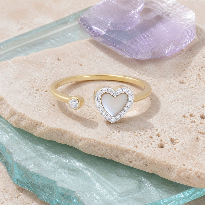 R1811 - 14K Yellow Gold Black Onyx, Mother of Pearl & Turquoise Heart Ring