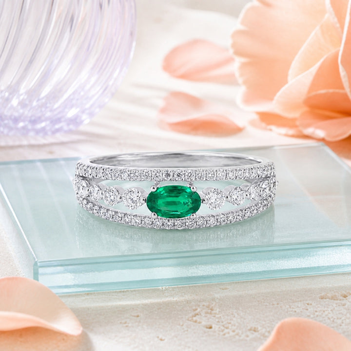R1818 - 14K White Gold Emerald, Ruby & Sapphire Ring
