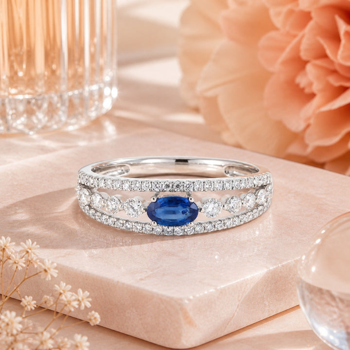 R1818 - 14K White Gold Emerald, Ruby & Sapphire Ring