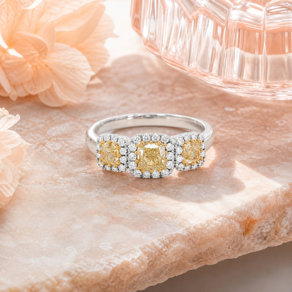 R1857 - 18K White Gold Fancy Yellow Diamond Cushion Ring